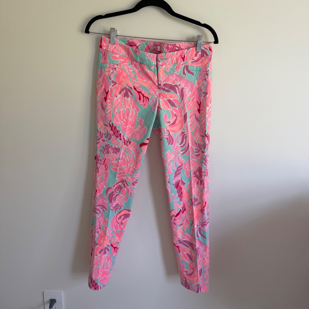 Lilly Pulitzer Kelly Ankle Pants Pink Blue Floral Jacquard Slim Trousers Size 4 - Picture 1 of 4